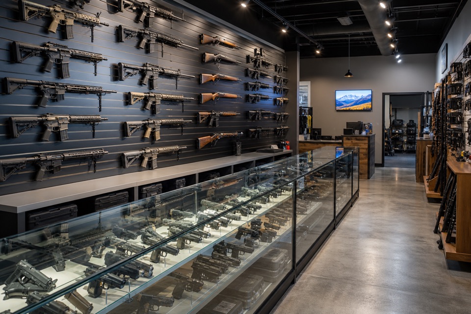 AI-generated illustration of wide editorial interior of a modern American licensed gun shop, glass handgun display counters, sporting rifles secured neatly along dark slatwall, welcoming bright lighting, no customers in foreground