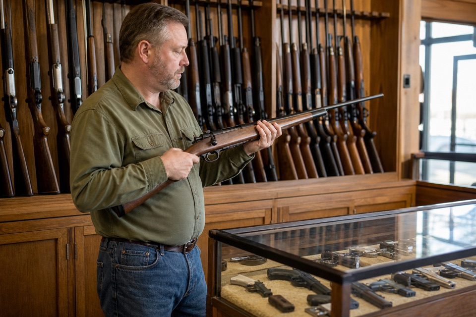 AI-generated illustration of traditional American gun-shop interior with warm oak cabinetry, unloaded sporting rifles in secure wall racks and handguns behind glass, cozy natural daylight