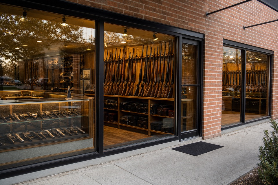 AI-generated illustration of exterior of a small professional American firearm dealer storefront with brick facade, broad display windows revealing secure sporting-rifle racks, no readable signage, afternoon light