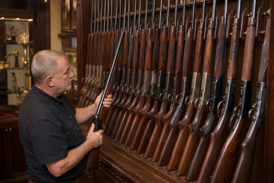 AI-generated illustration of eye-level view of a licensed firearm dealer's secure wall of wood-stock sporting rifles, polished wood racks, brass-accented shop interior, soft warm lighting