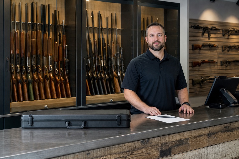 AI-generated illustration of welcoming American FFL dealer service desk with a closed protective firearm case and blank paperwork on the counter, secured rifle displays behind, staff member standing professionally, no handling instructions