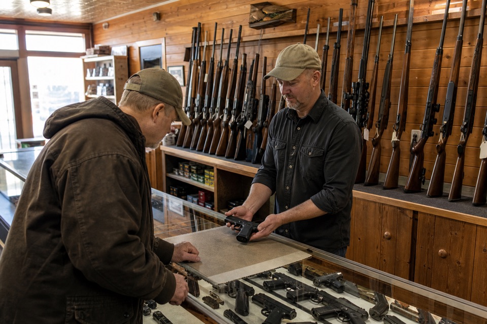 AI-generated illustration of a small-town American firearm store, warm pine wall paneling, glass handgun counter and secure rifle racks, morning sunlight, authentic tidy independent business