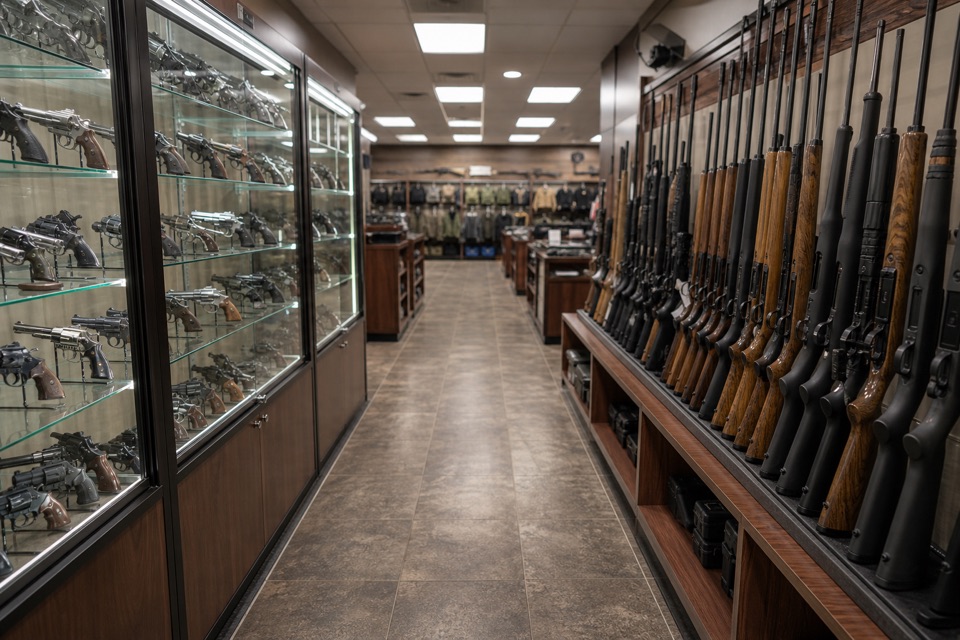 AI-generated illustration of centered aisle view inside a gun shop, locked glass cases on the left and secured sporting rifles on the right, bright neutral ceiling lights and clean tile floor