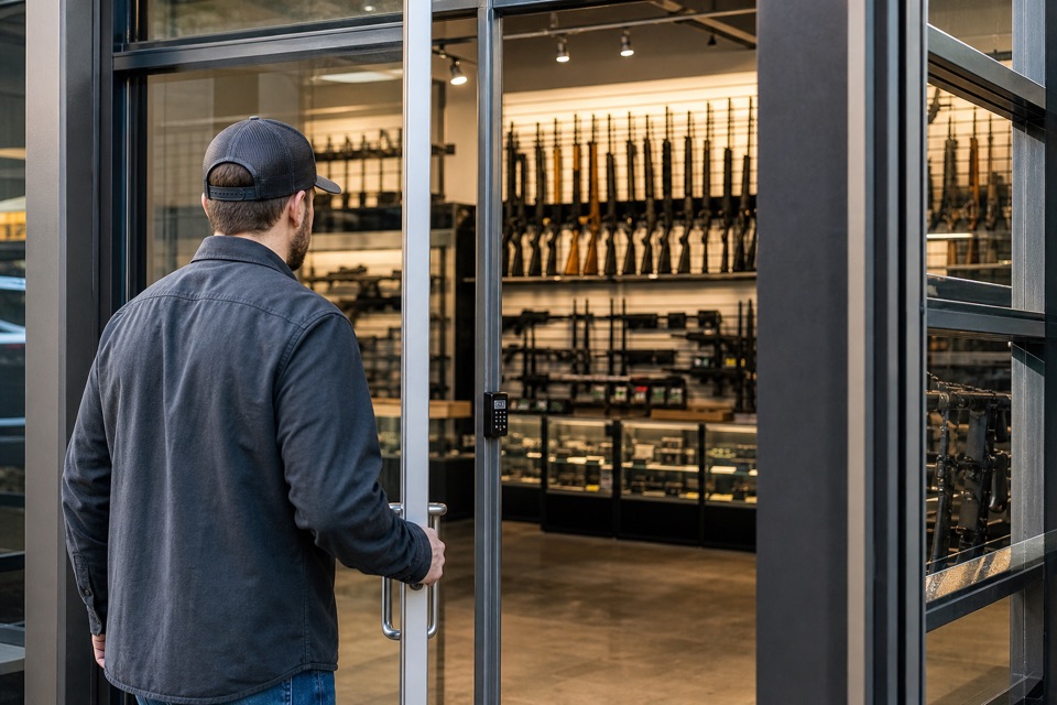 AI-generated illustration of professional licensed firearm dealer entrance viewed from outside, neutral metal-and-glass storefront with glimpses of secure sporting-rifle display walls inside, no readable logos or signs