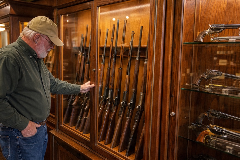 AI-generated illustration of american collector firearm dealer's antique oak glass cabinets containing unloaded historic sporting rifles and revolvers, elegant warm task lighting, no text or labels