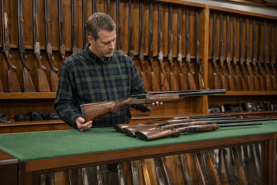 AI-generated illustration of independent firearms dealer specializing in sporting shotguns, secure wall racks of wood-stock unloaded shotguns, green felt display counter, bright welcoming retail interior