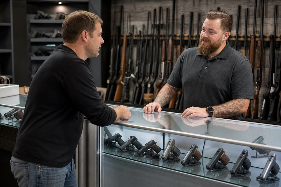 AI-generated illustration of candid professional consultation between an adult customer and adult gun-store employee across a locked glass firearm display counter, hands resting neutrally away from firearms, calm welcoming store