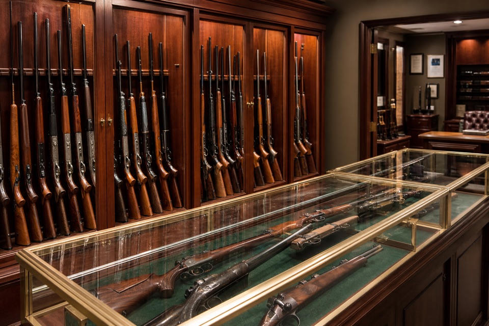 AI-generated illustration of refined gun-store display room with deep walnut cabinetry and brass accents, unloaded sporting rifles and shotguns behind glass, soft amber illumination, professional retail setting