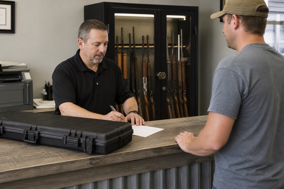 AI-generated illustration of compact American FFL service office with a sturdy customer counter, closed hard firearm transport case, blank forms and secure locked rifle display cabinet in background, neutral daylight