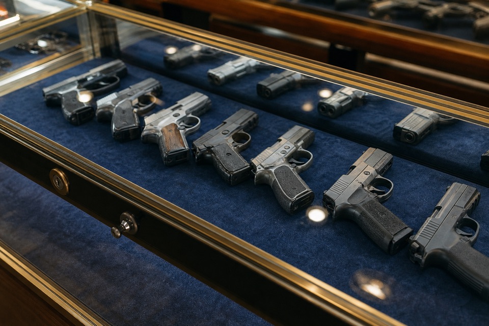 AI-generated illustration of close oblique photograph of a licensed dealer's locked glass handgun case, unloaded sporting pistols individually spaced on dark blue felt, clean glass reflections and soft shop bokeh