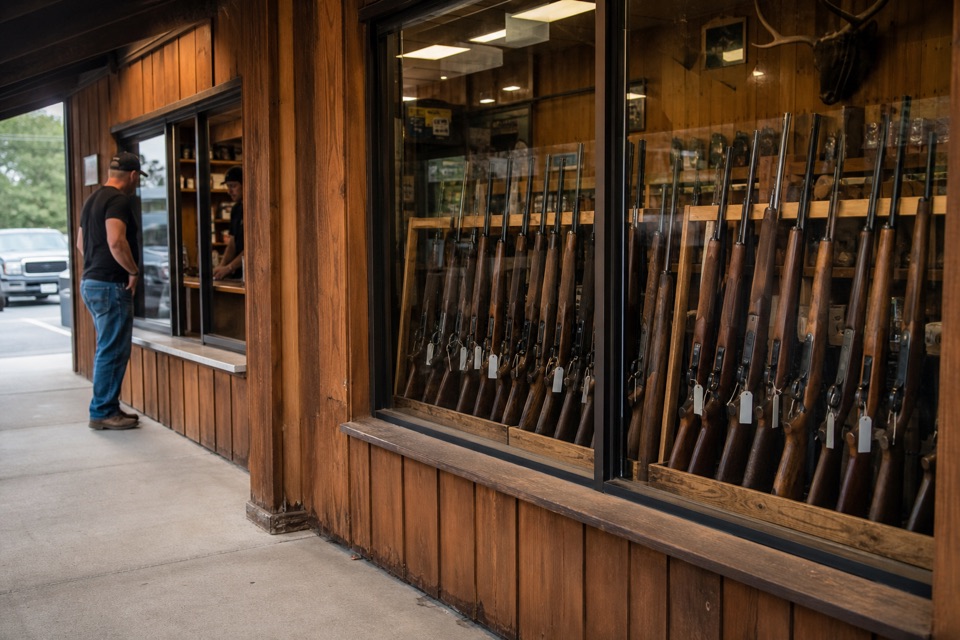 AI-generated illustration of exterior of an independent rural American gun store in a modest timber-clad building, large front windows revealing sporting rifles in secure racks, no scenic landscape or readable signage