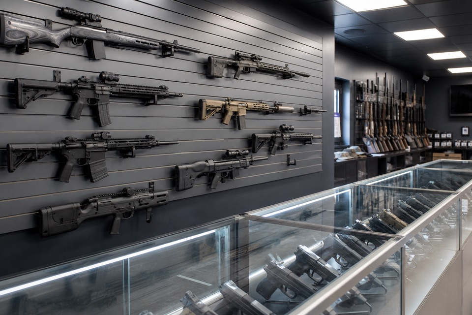 AI-generated illustration of gun-store interior in cool gray and black, secured unloaded modern civilian sporting rifles on slatwall and a locked glass handgun counter, bright rectangular ceiling lights