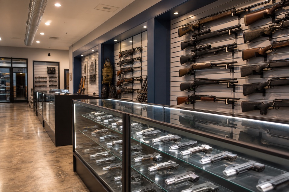 AI-generated illustration of diagonal wide-angle view across a clean licensed firearm showroom, several locked glass counters, secured shotgun and rifle wall displays, cream ceiling and blue-gray accents