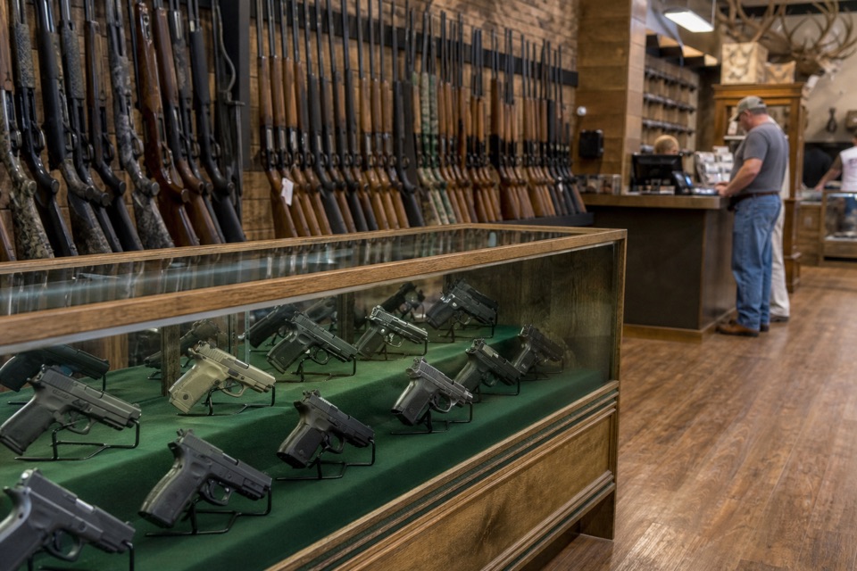 AI-generated illustration of a sunlit independent gun-shop interior, warm wood floor, green-felt locked glass handgun case and secure sporting-rifle wall display, attractive calm editorial composition