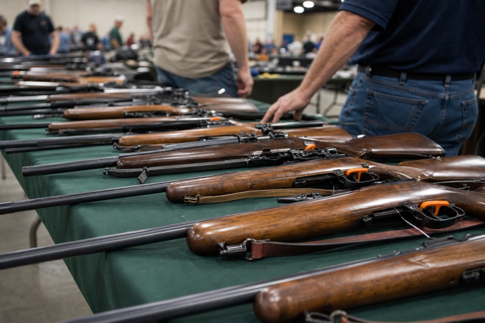 AI-generated illustration of low oblique view along a gun-show table lined with unloaded wood-stock sporting rifles, visible orange chamber flags, deep green tablecloth and softly blurred exhibition crowd