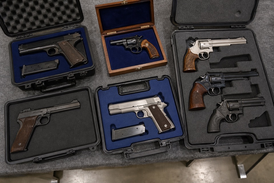 AI-generated illustration of top-down editorial photograph of several open hard cases displaying distinct unloaded collectible handguns on a gun-show table, gray felt, no hands, show aisle at edge