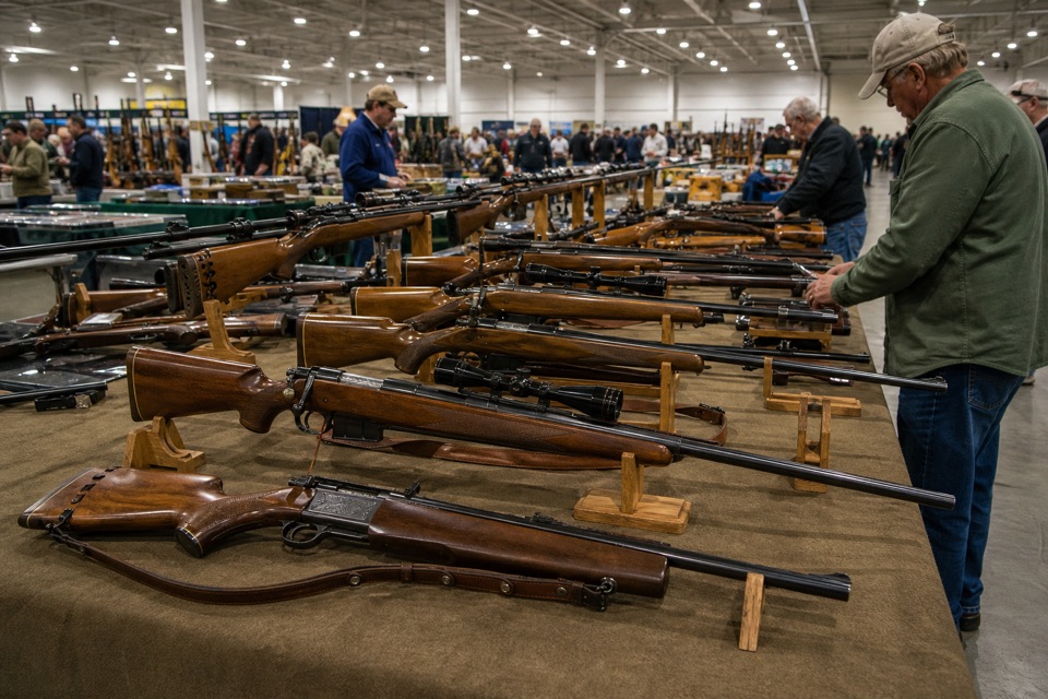 AI-generated illustration of wide 28mm view of a long sporting-rifle collector table with wood stocks and dark metal finishes, adults browsing distant booths, high white exhibition ceiling